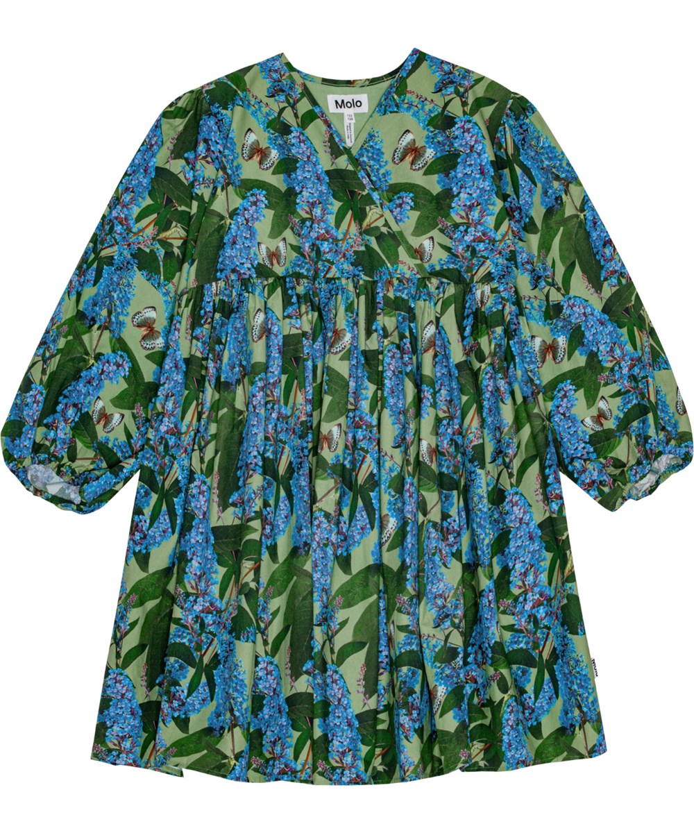 Cassida - Buddleja Garden - Grøn knælang kjole med wrap-effekt i økologisk bomuld med et print af sommerfugle