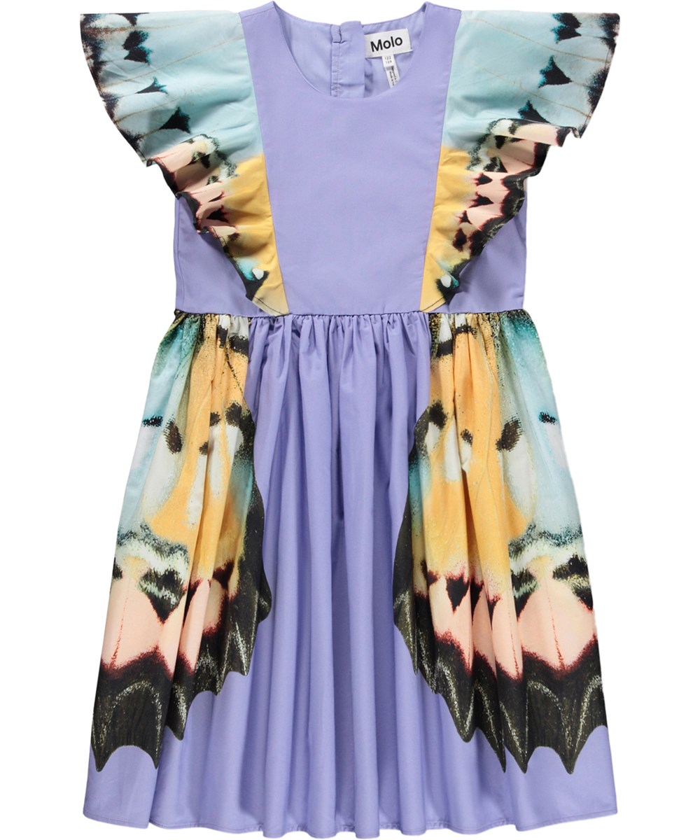 Caty - Lilac Butterfly - Lilla kjole med sommerfugleprint i økologisk bomuld til børn