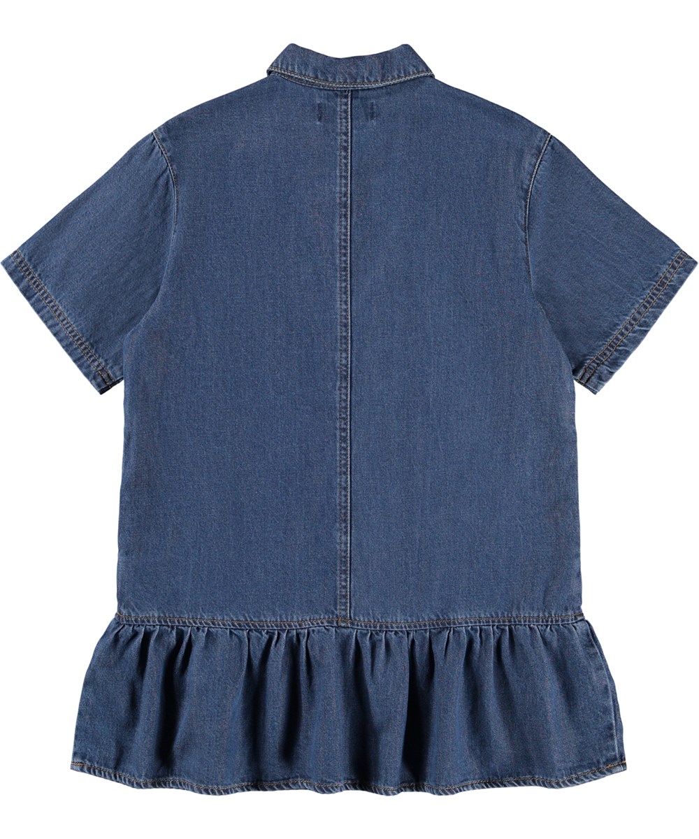 Celise - Blue Vintage - Kortærmet denimkjole med knaplukning til børn. 