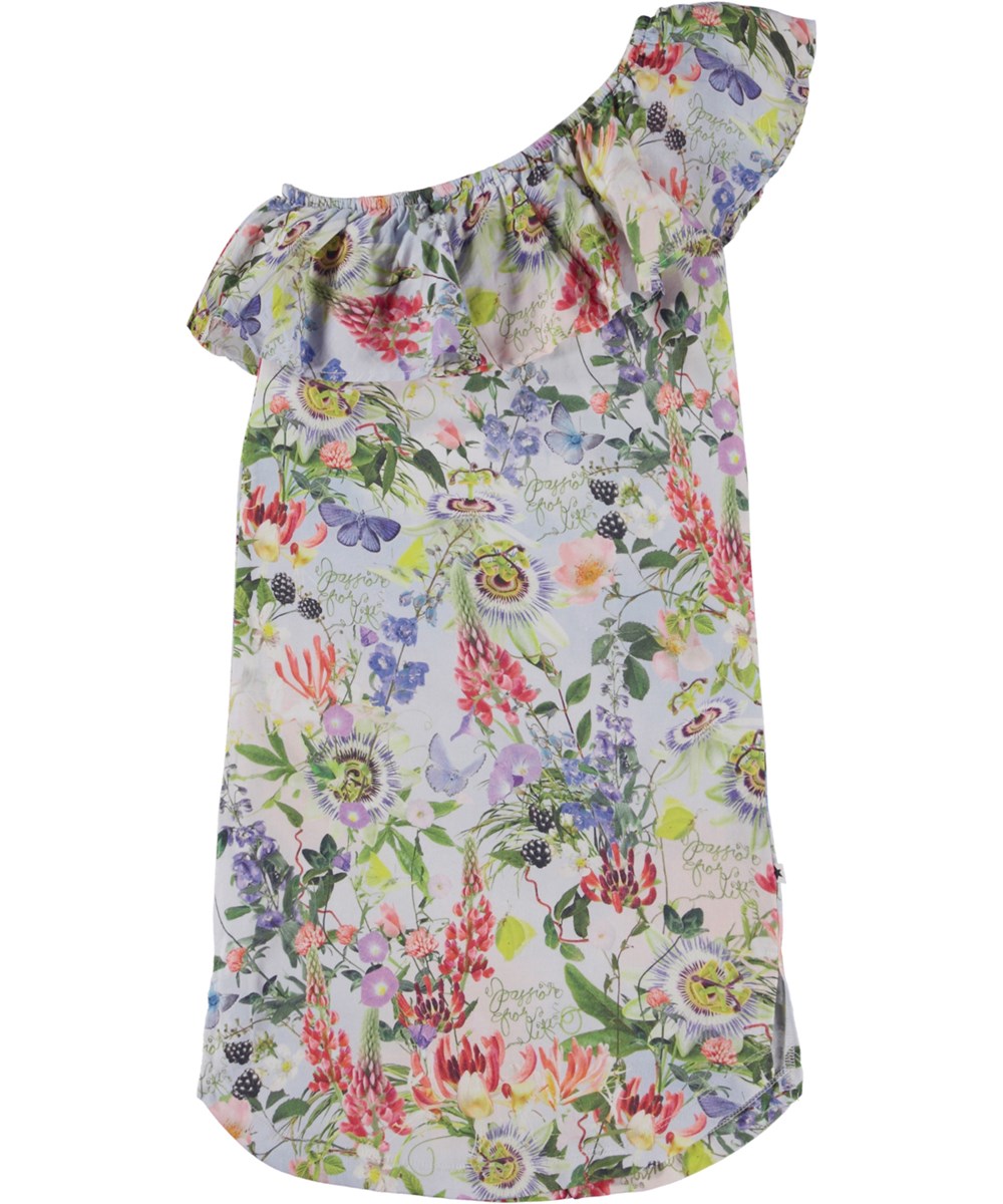 Chadee - Passion For Life - Økologisk skrå kjole med flæse og blomster print