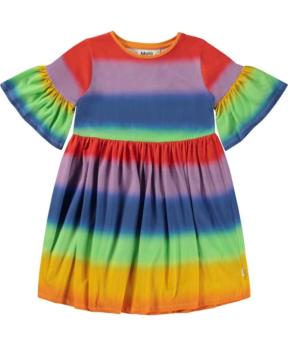 Chasity - Rainbow Spray - Jubilæum kjole med regnbue print og flæseærmer