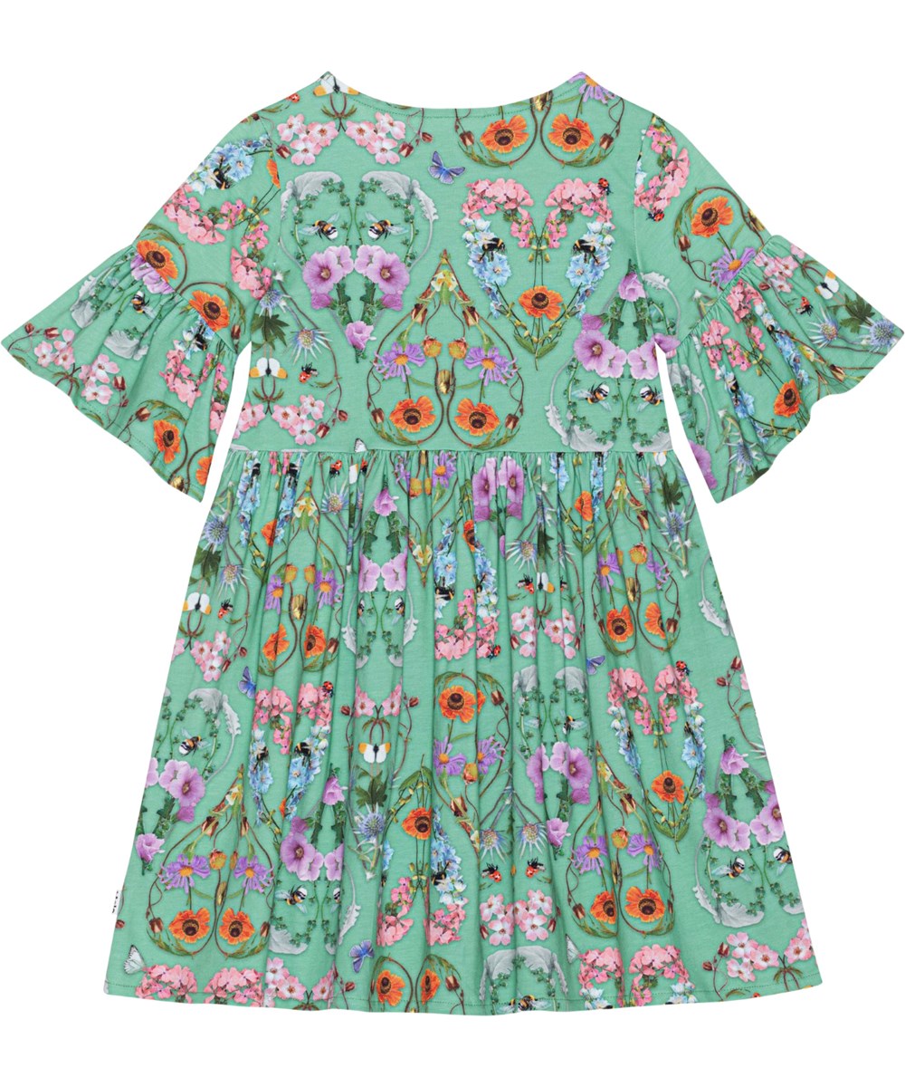 Chasity - With Love - Grøn kjole i blødt økologisk bomuldsjersey med print af insekter og vilde blomster