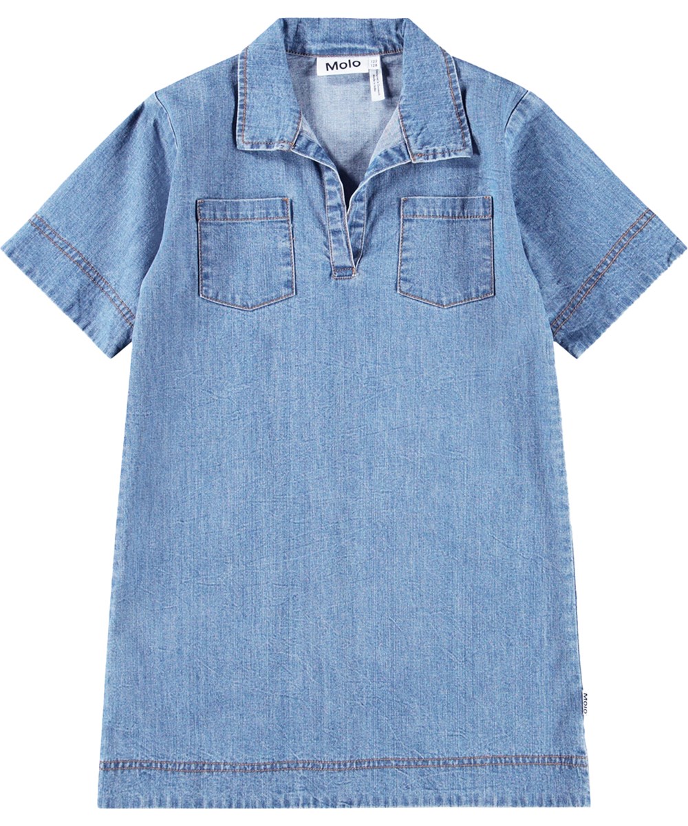 Cheri - Light Chambrey - A-formet denim kjole i økologisk bomuld til børn