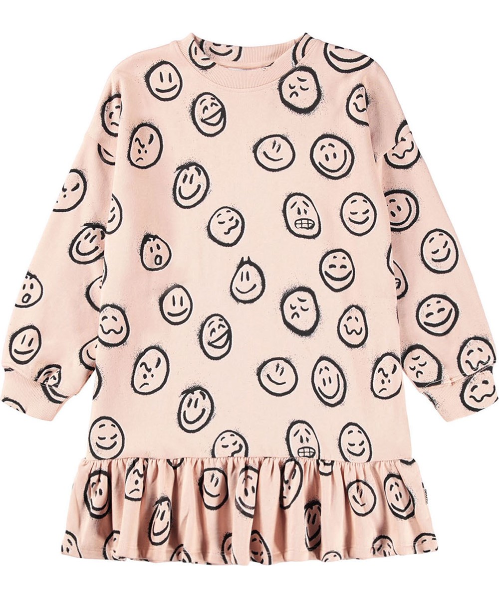 Cherice - Rose Cloud Moods - Lyserød sweatshirt kjole til børn i blød økologisk bomuld. Kjolen har print af ansigter i forskellige humør.