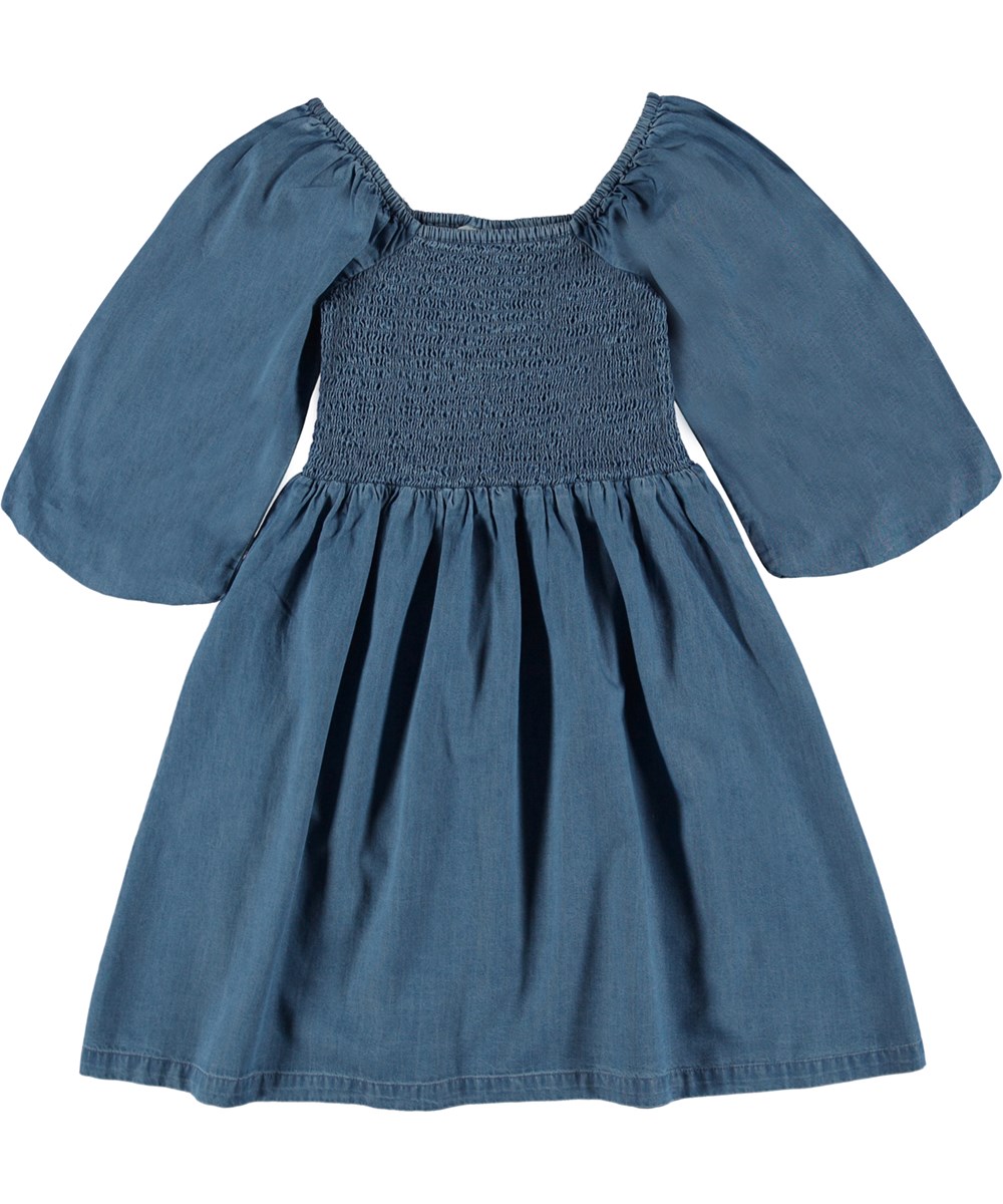 Cherisa - Washed Chambrey - Blå økologisk midi kjole i chambrey med smock