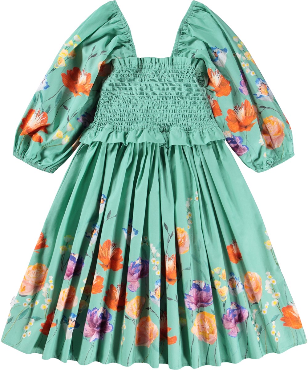 Chipie - Flower Garden - Grøn kjole til børn i økologisk bolmuldspoplin med print af blomster.