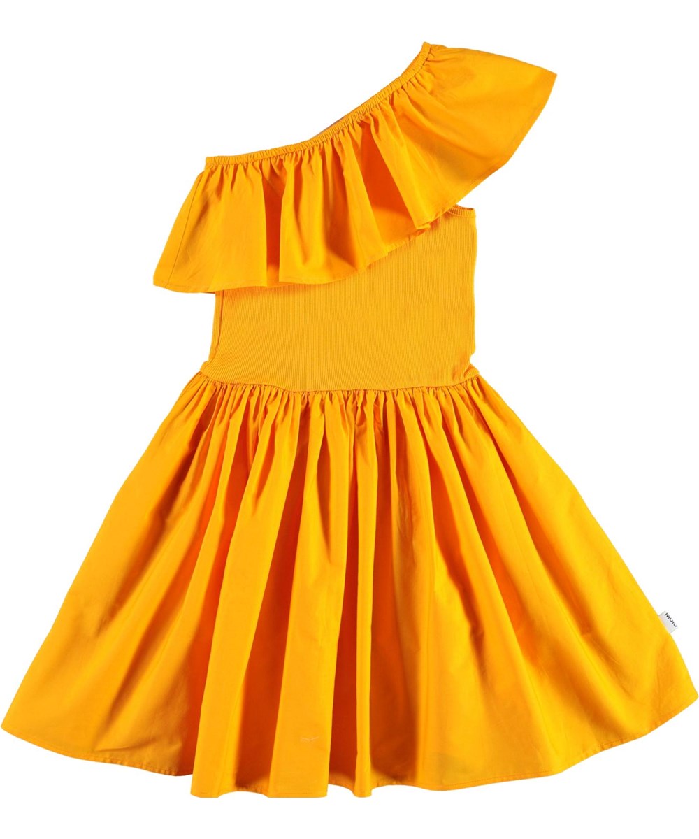 Chloey - Tangerine - Økologisk orange kjole med flæse