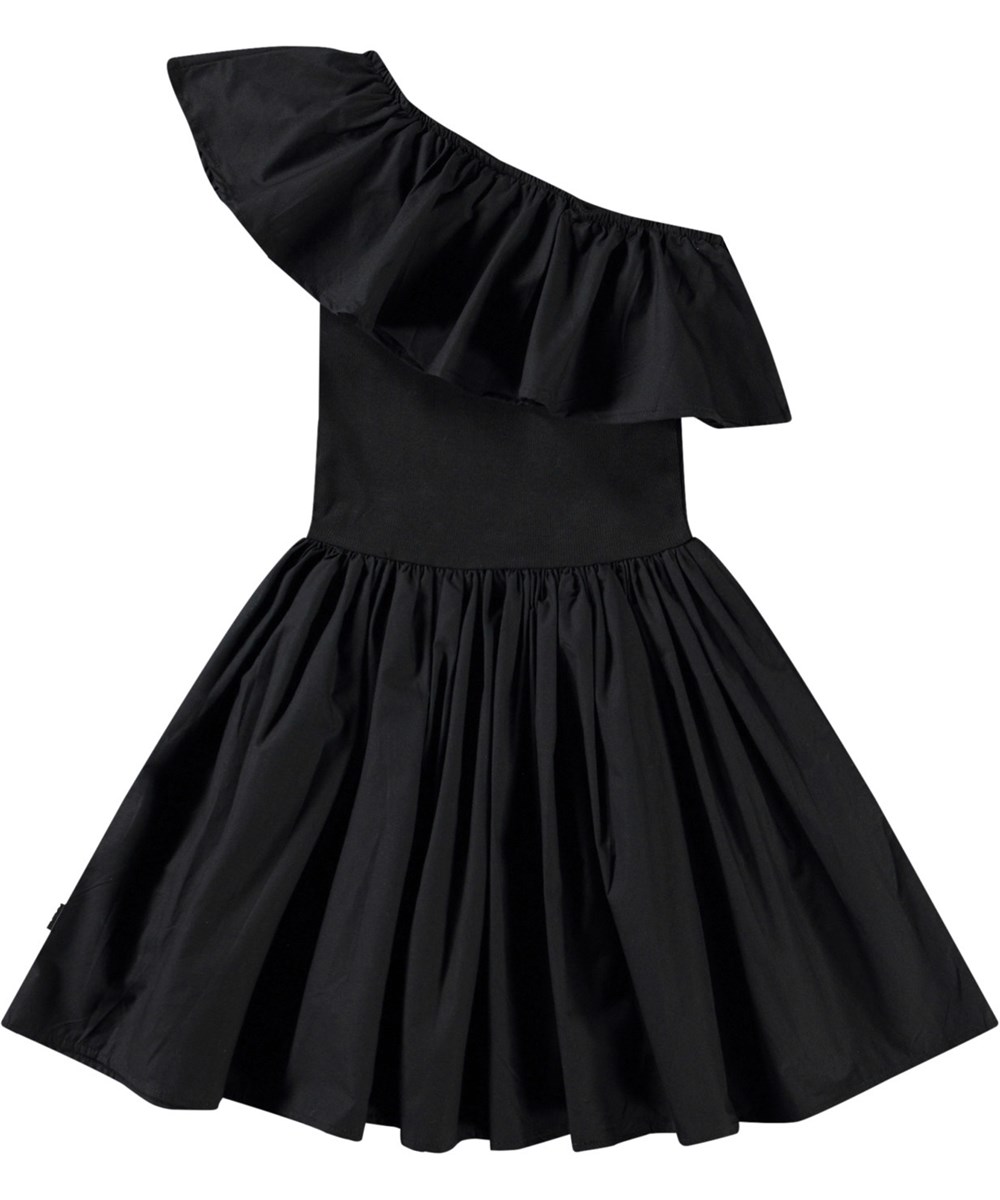 Chloey - Black - Sort one-shoulder kjole i økologisk bomuld med en bred poplinflæse.