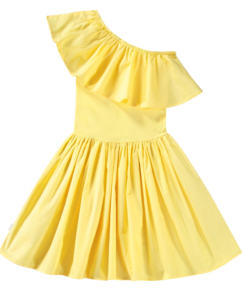 Chloey - Sunbright - Gul one-shoulder kjole i økologisk bomuld med en bred poplinflæse.