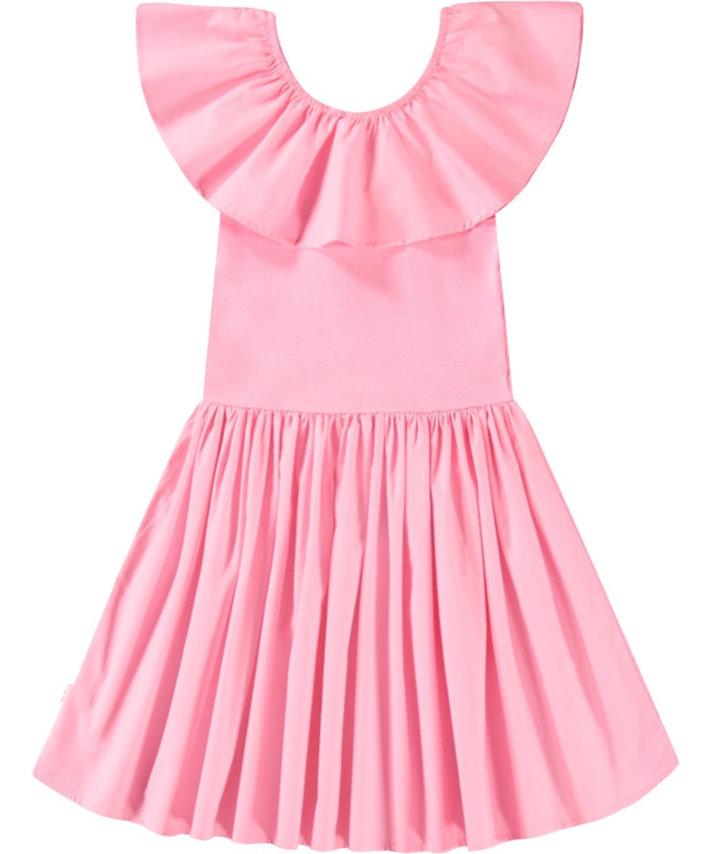 Christal - Pink Lemonade - Beige kjole til børn i økologisk bomuld med en tætsiddende ribbet jerseytop, rund hals og et voluminøst rundskåret skørt i bomuldspoplin.