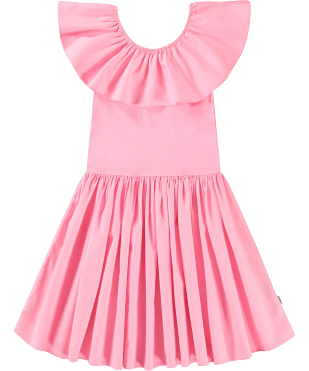 Christal - Pink Lemonade - Beige kjole til børn i økologisk bomuld med en tætsiddende ribbet jerseytop, rund hals og et voluminøst rundskåret skørt i bomuldspoplin.