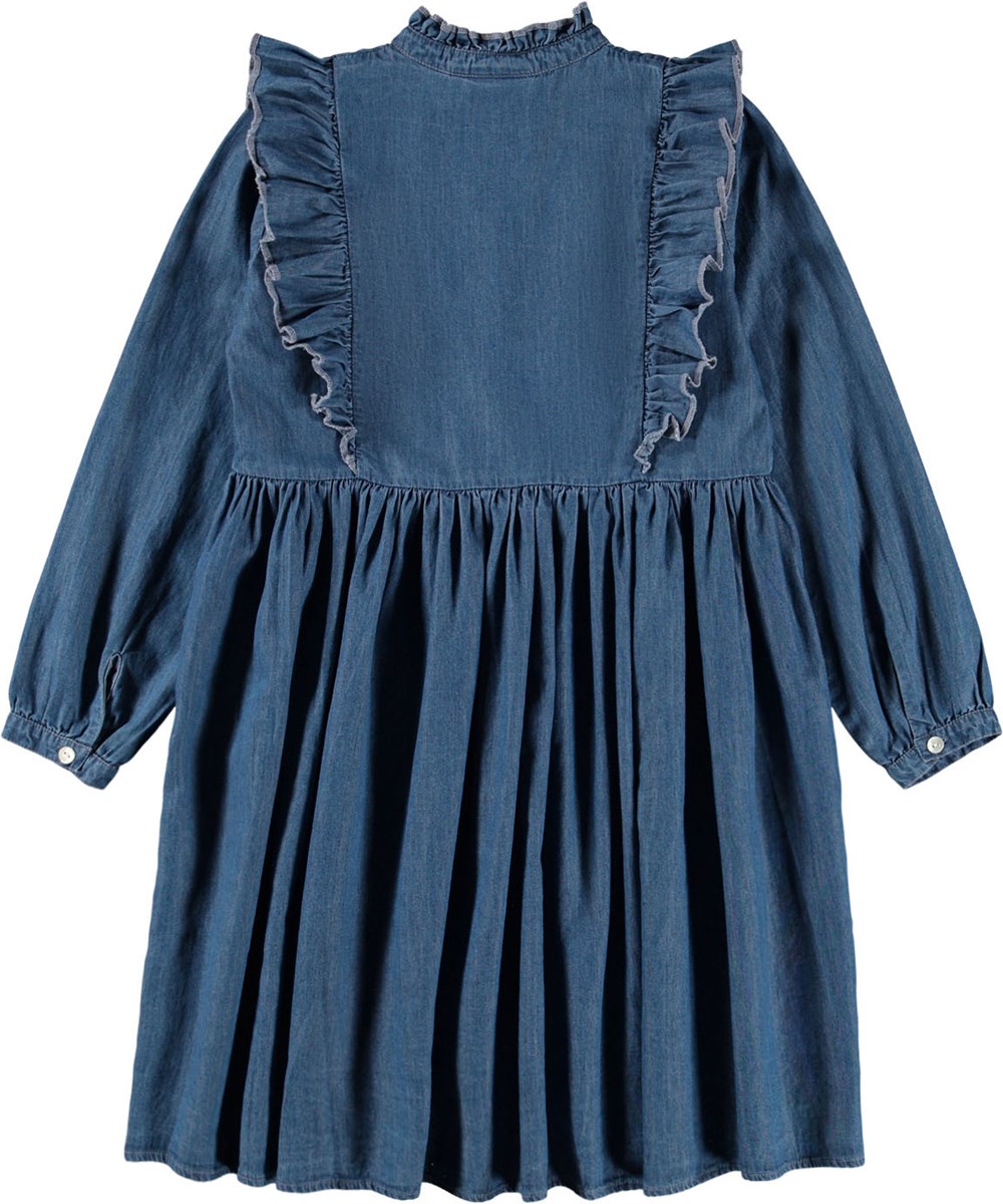 Christina - Washed Blue - Langærmet blå kjole til børn i økologisk bomulds-chambrey.