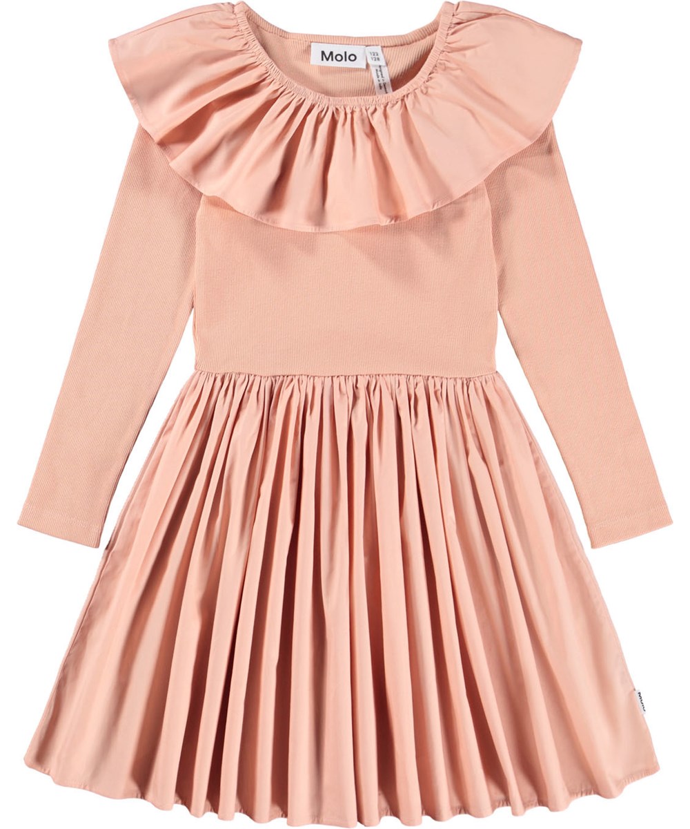 Cille - Rose Cloud - Rosa knælang kjole til børn i økologisk bomuld med en tætsiddende jerseytop, et voluminøst skørt i bomuldspoplin og en stor poplinkrave.