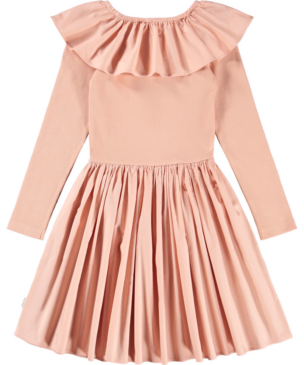 Cille - Rose Cloud - Rosa knælang kjole til børn i økologisk bomuld med en tætsiddende jerseytop, et voluminøst skørt i bomuldspoplin og en stor poplinkrave.