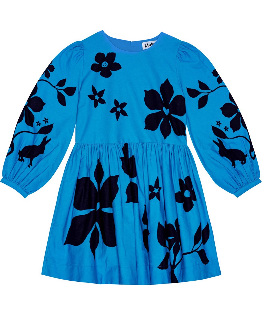 Cirkeline - Blue Folklore - Knælang turkisblå kjole i bomuld med et print af sorte kunstneriske blomster