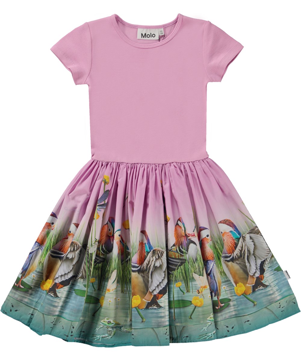 Cissa - Dashing Ducks - Økologisk pink kjole med poplin skørt og dam og fugle print