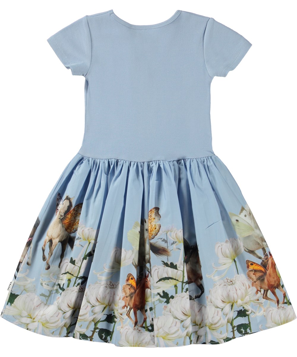 Cissa - Out In The Blue - Økologisk lyseblå kjole med poplin skørt og heste print