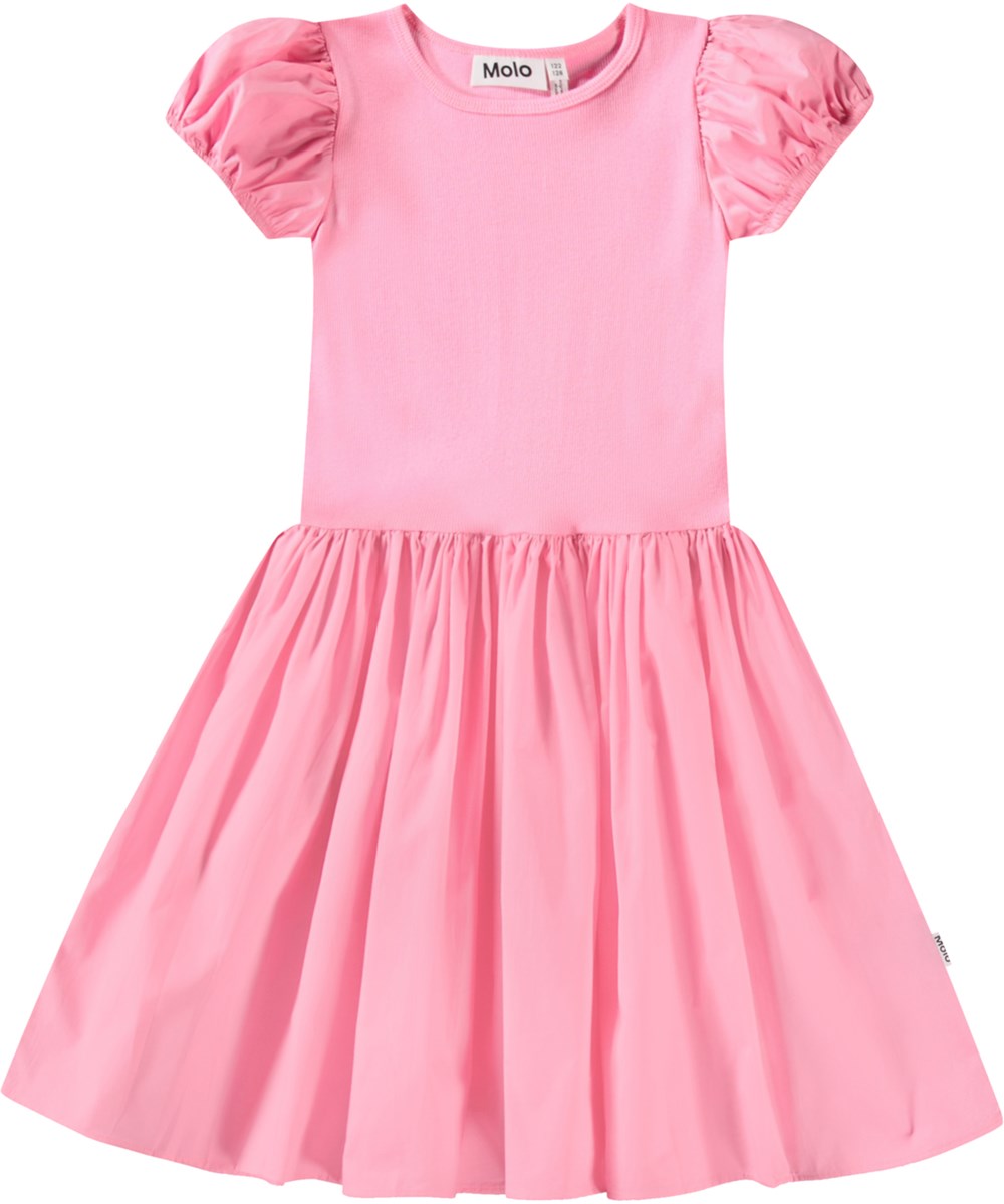 Cleopatra - Pink Lemonade - Kortærmet pink kjole til børn i økologisk bomuld med en tætsiddende jerseytop og et voluminøst skørt i bomuldspoplin.