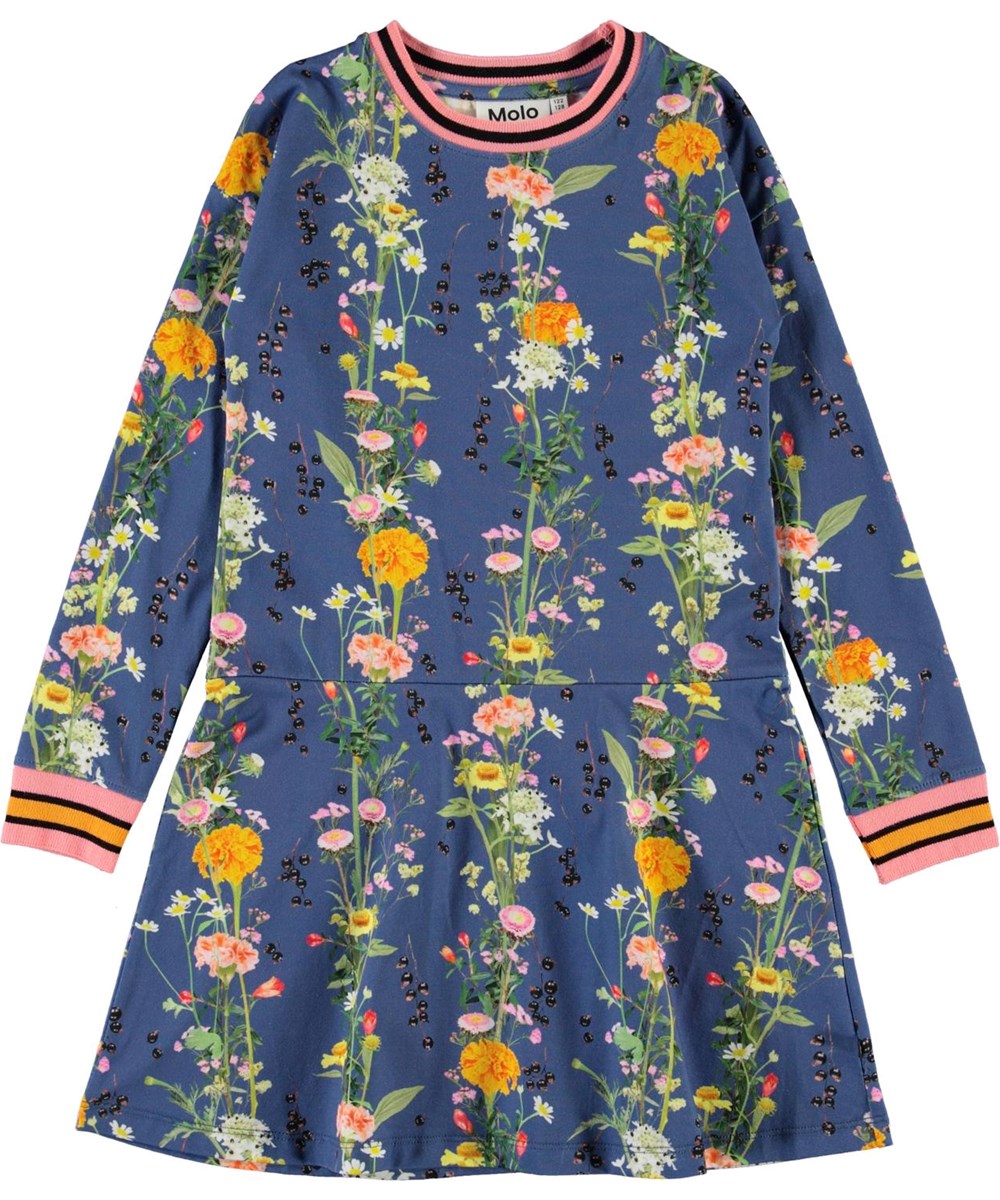 Conny - Vertical Flowers - Økologisk blå kjole med blomster