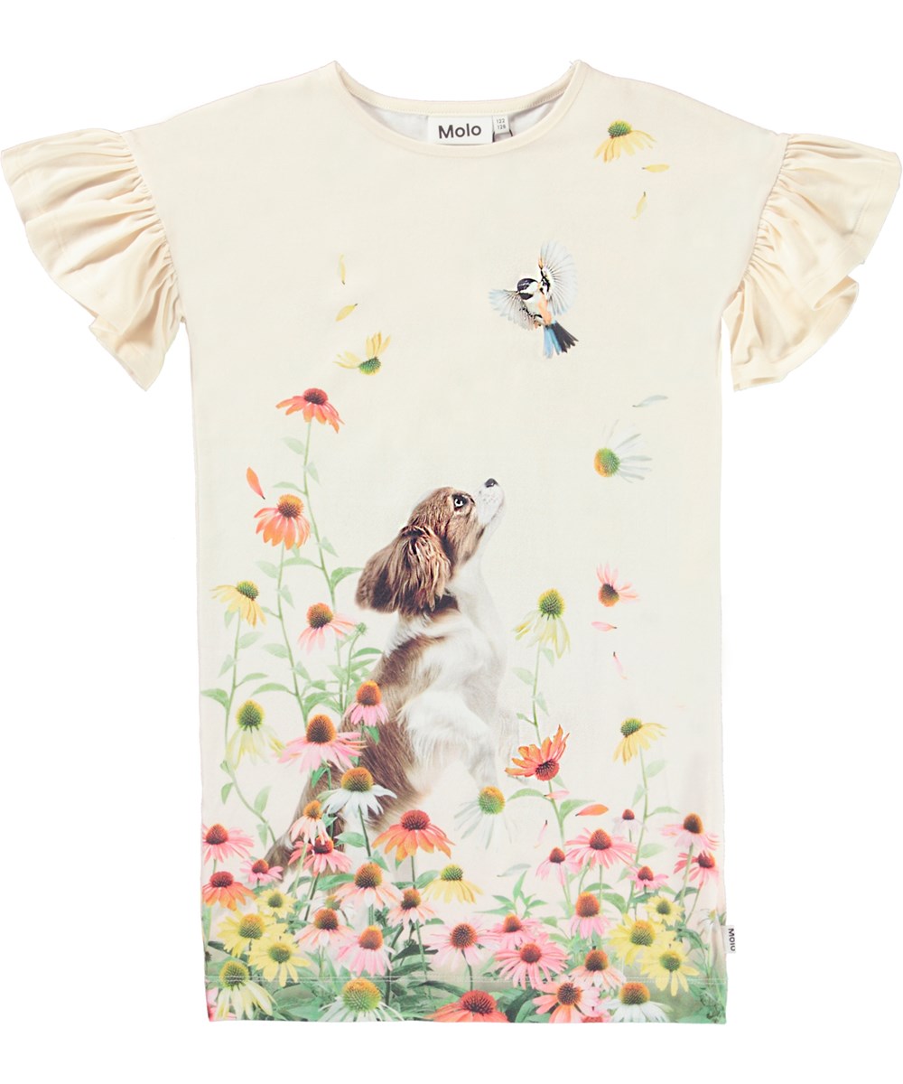 Coralie - Flower Play - Økologisk t-shirt kjole med hud og blomster print