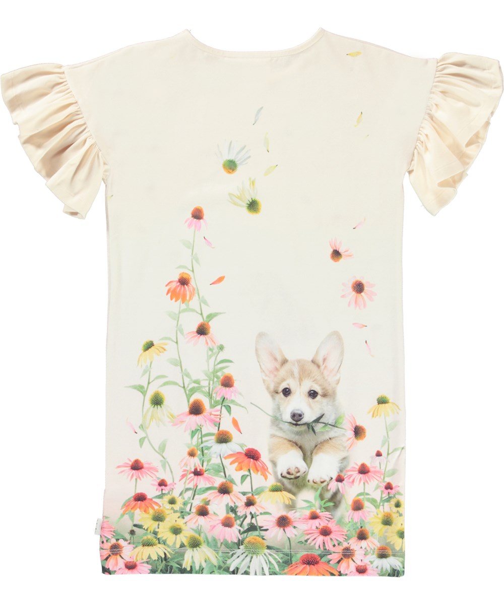 Coralie - Flower Play - Økologisk t-shirt kjole med hud og blomster print
