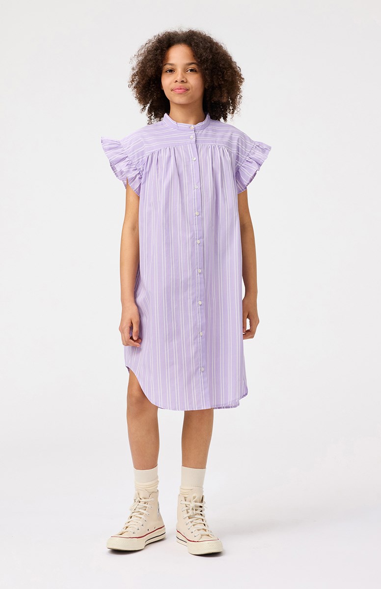Cortny - Purple Rail Stripe - Knælang kjole til børn med hvide striber i økologiskbomuld.