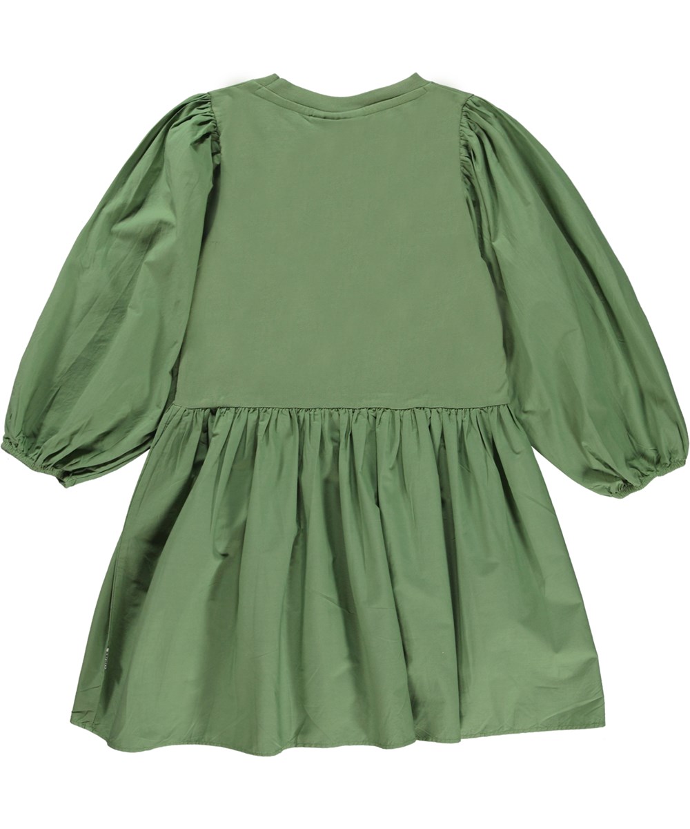 Cosette - Moss Green - Grøn knælang økologisk kjole med poplin ærmer og skørt