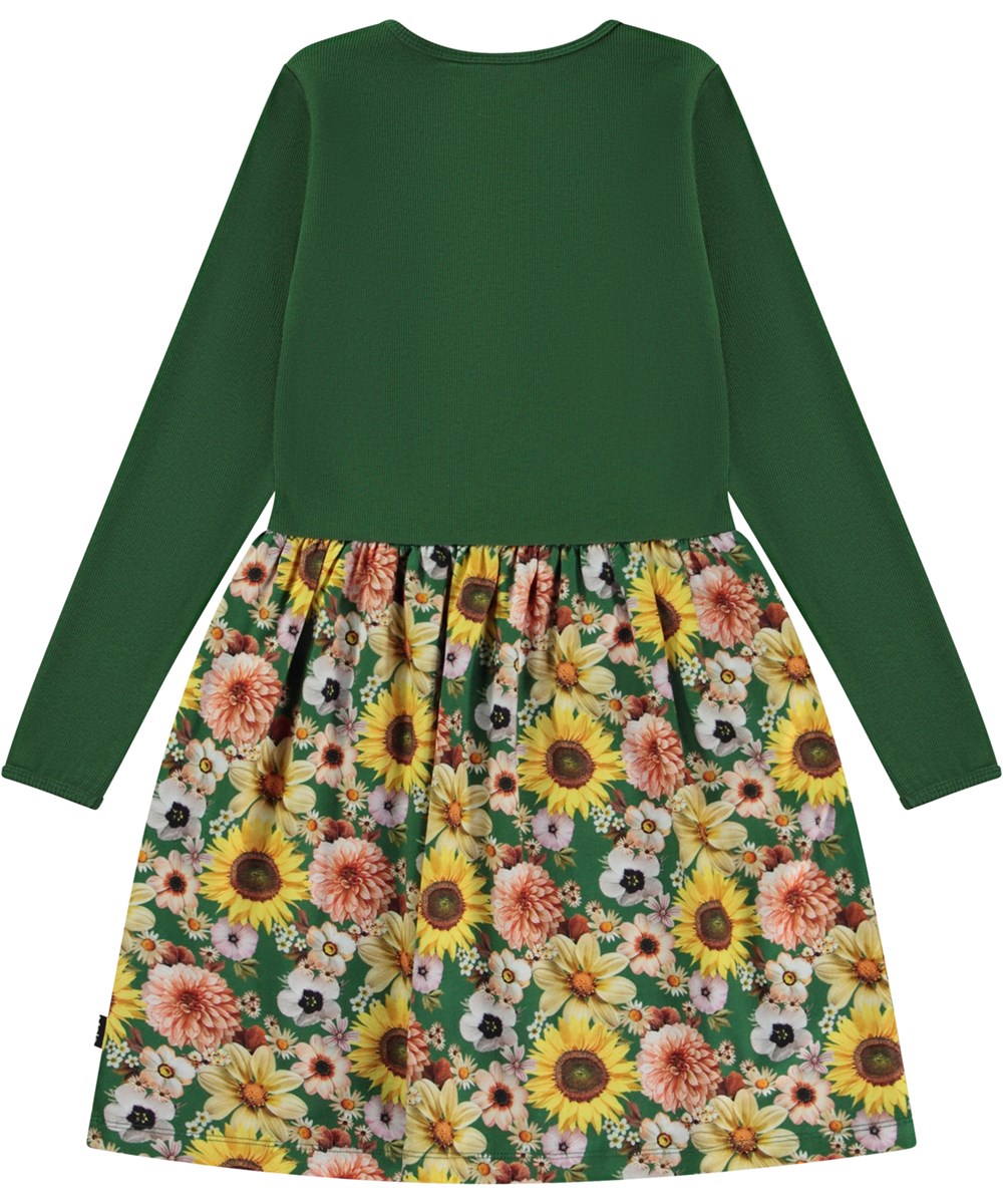 Credence - Vintage Floral - Grøn knælang økologisk kjole med allover blomsterprint på skørt