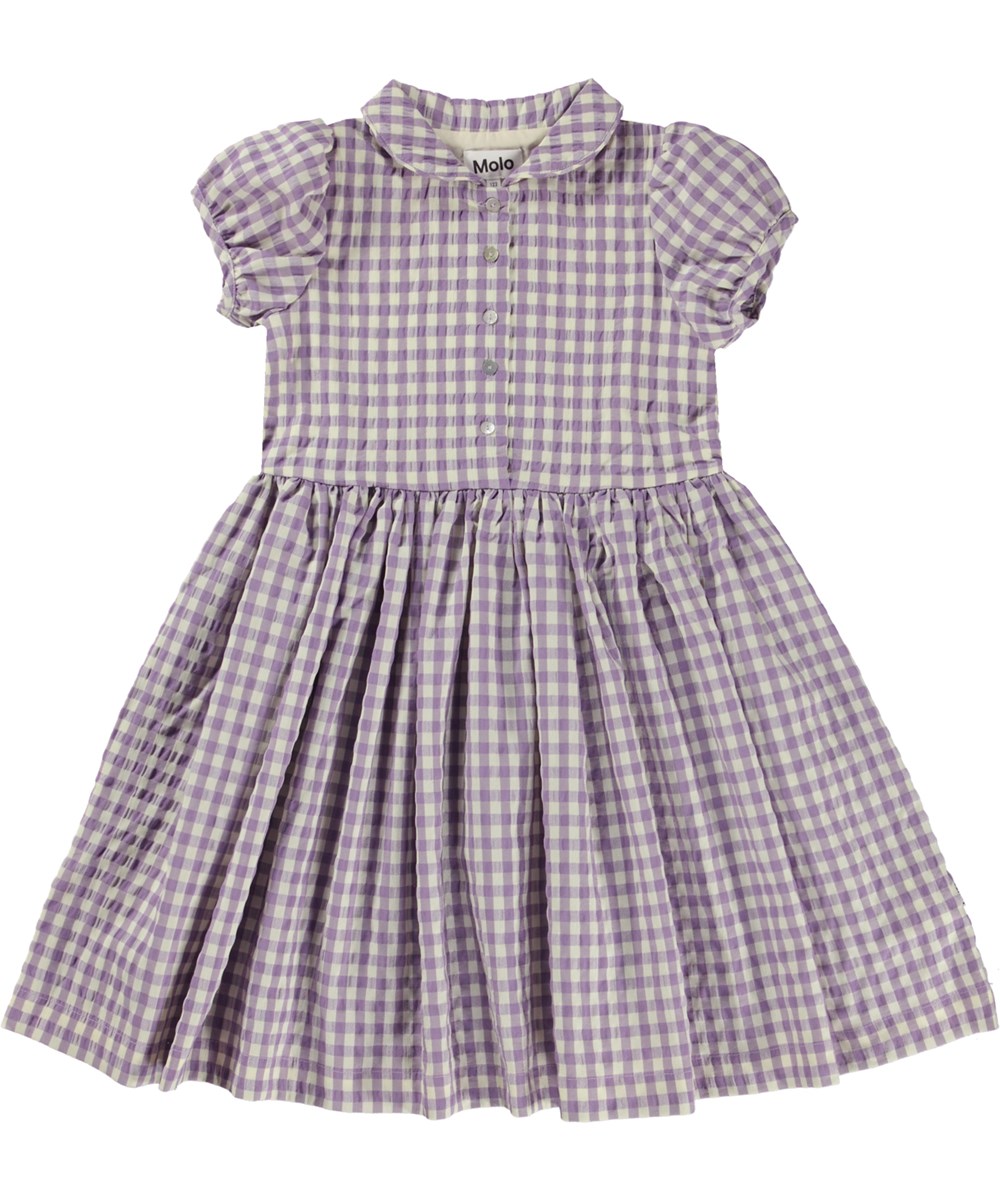 Cybil - Purple Picnic - Lilla og hvid ternet kjole med Peter Pan krave