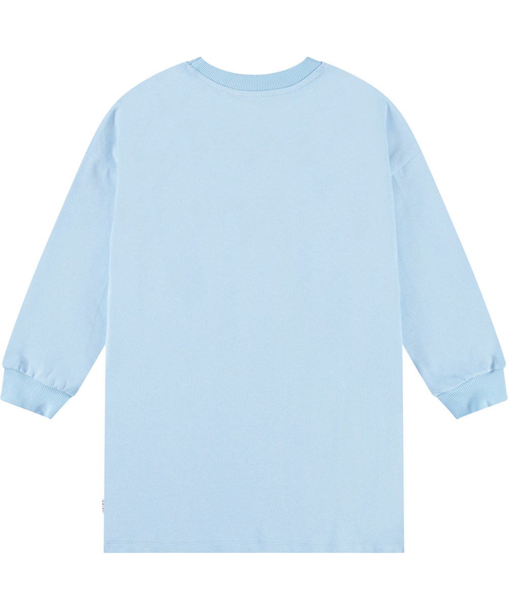 Cyrella - Bleu Horses - Lyseblå jerseykjole til børn i blødt økologisk bomuld med ribkanter ved ærmer og hals.