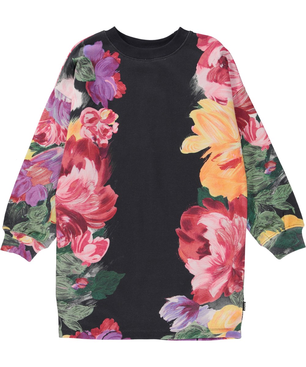 Cyrella - Floral Art - Sort knælang sweatshirtkjole med placement blomsterprint