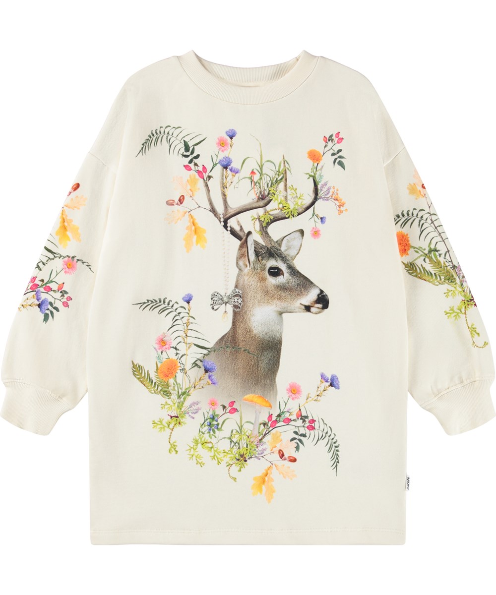 Cyrella - Forest Jewllery - Råhvid sweatshirt-kjole til børn i økologisk bomuld med print af dådyr og blomster. 