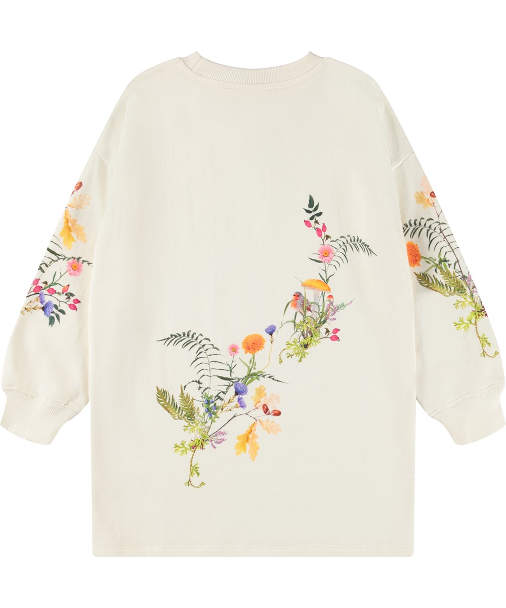 Cyrella - Forest Jewllery - Råhvid sweatshirt-kjole til børn i økologisk bomuld med print af dådyr og blomster. 