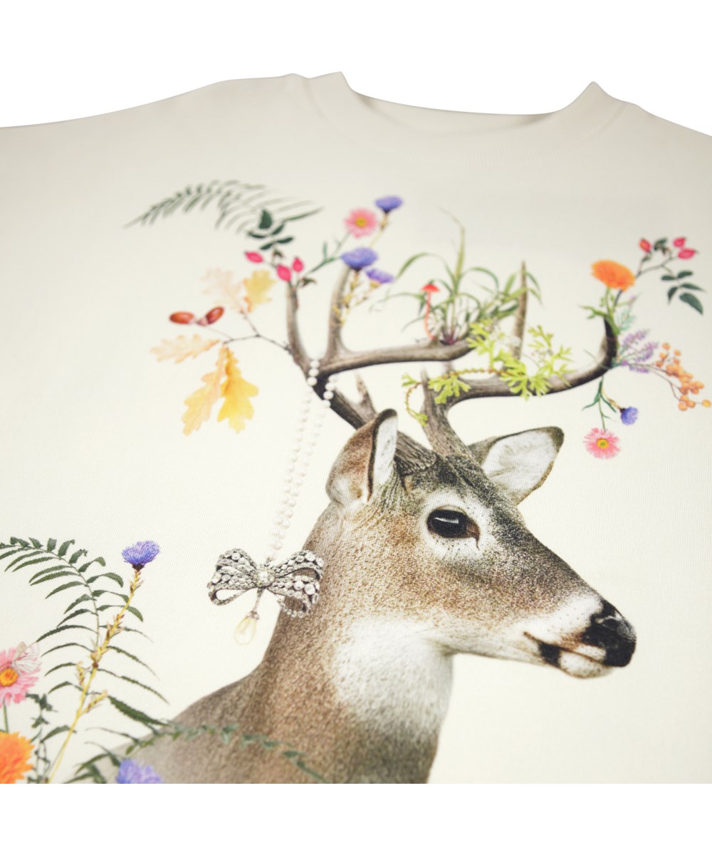 Cyrella - Forest Jewllery - Råhvid sweatshirt-kjole til børn i økologisk bomuld med print af dådyr og blomster. 