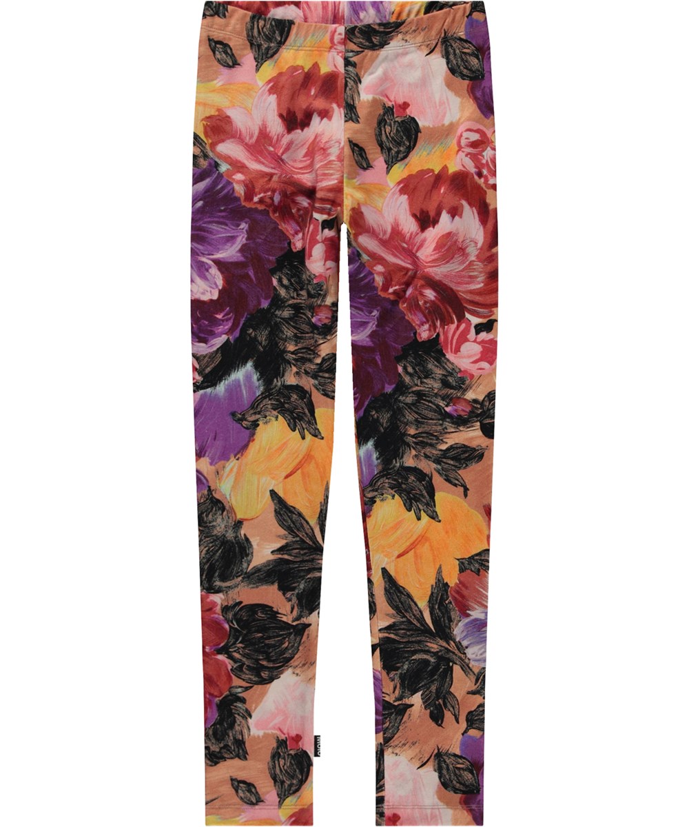 Niki - Artist Flowers - Rosa og lilla økologiske leggings med allover blomsterprint