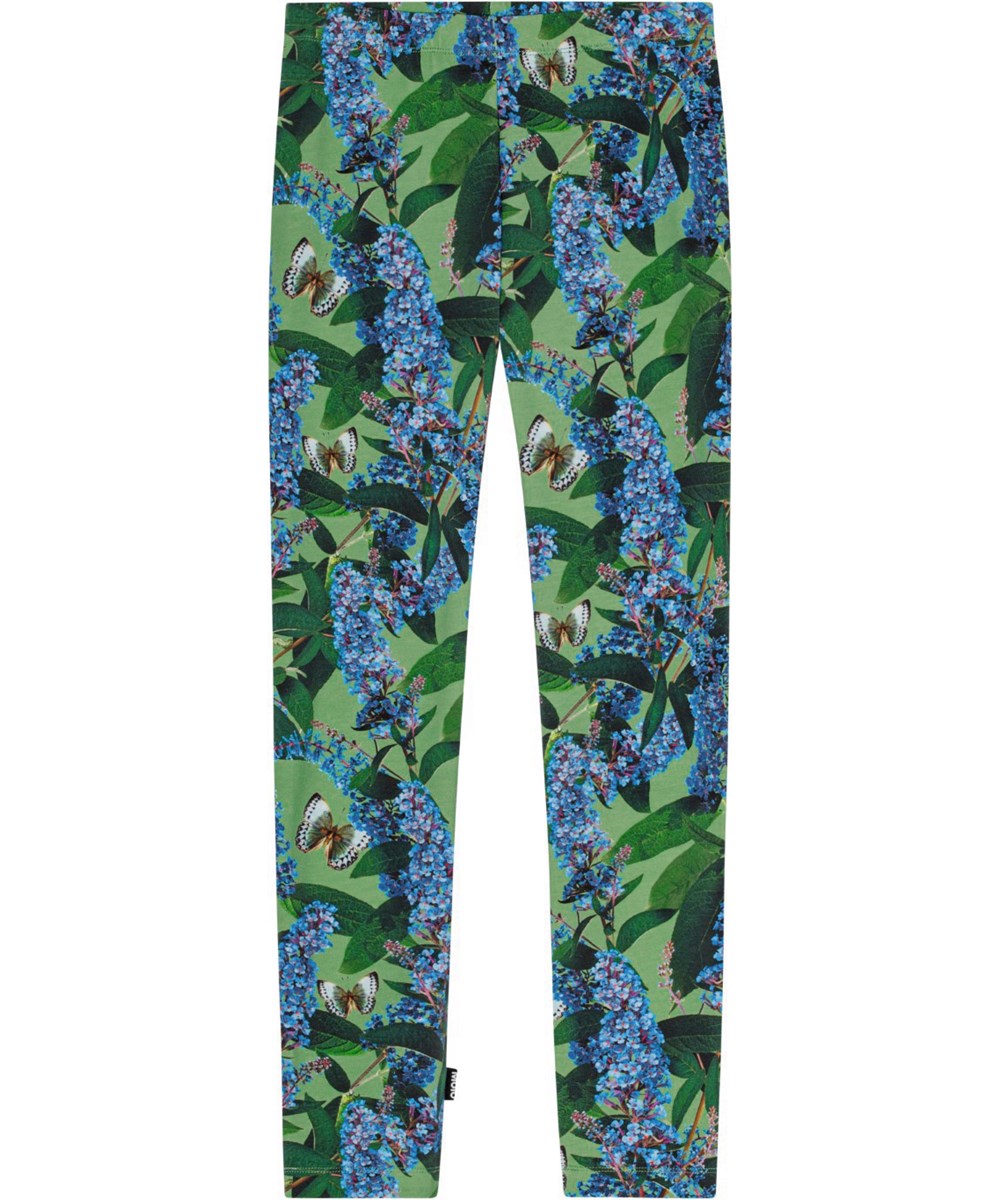 Niki - Buddleja Garden - Grønne leggings i økologisk bomuld med et print af blålilla sommerfugle buske