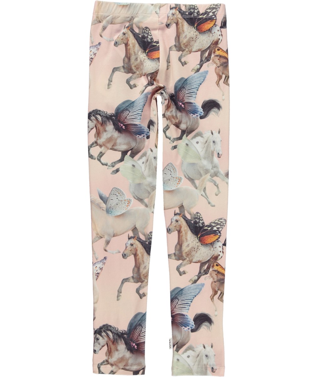 Niki - Fairy Horses - Lyserøde leggings i økologisk jersey med hesteprint