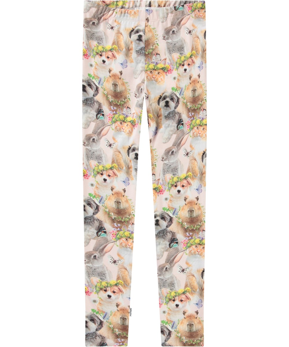 Niki - Festival Friends - Lyserøde leggings med print til børn i strækbart økologisk bomuld med elastik i taljen.
