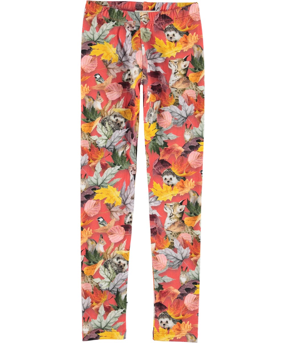 Niki - Forest Play - Økologiske røde leggings med print af dyr og blade 