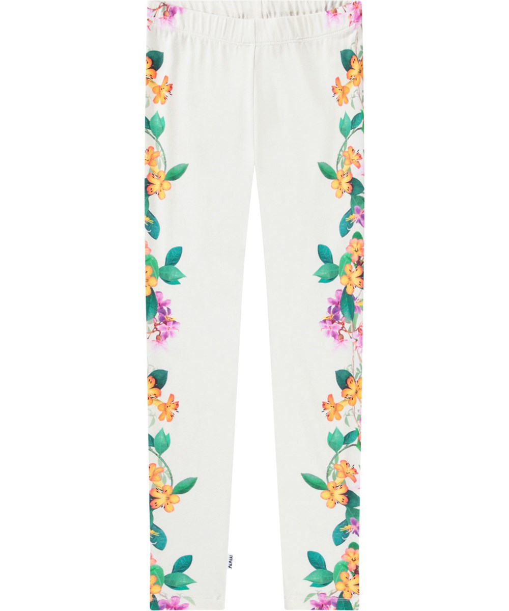 Niki - Jungle Flowers - Hvide leggings med print til børn i strækbart økologisk bomuld med elastik i taljen.