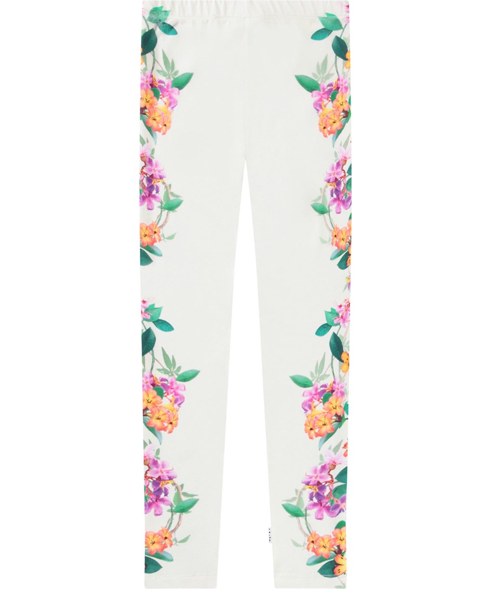 Niki - Jungle Flowers - Hvide leggings med print til børn i strækbart økologisk bomuld med elastik i taljen.