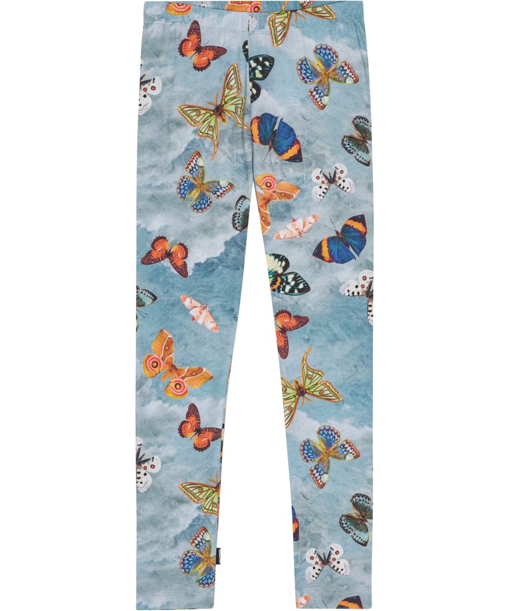 Niki - Les Papillons - Blå leggings i økologisk bomuld med et print af farverige sommerfugle