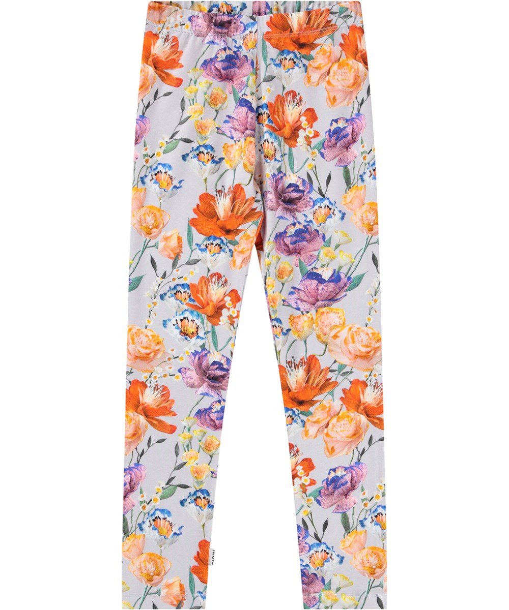 Niki - Paper Flowers - Lyslilla leggings med blomsterprint i økologisk bomuld til børn. 