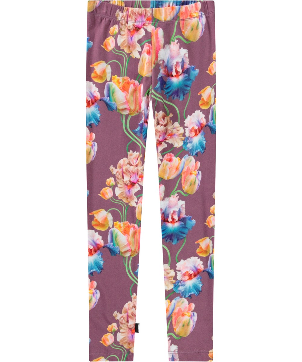 Niki - Rainbow Tulips - Lilla leggings med print til børn i strækbart økologisk bomuld med elastik i taljen.