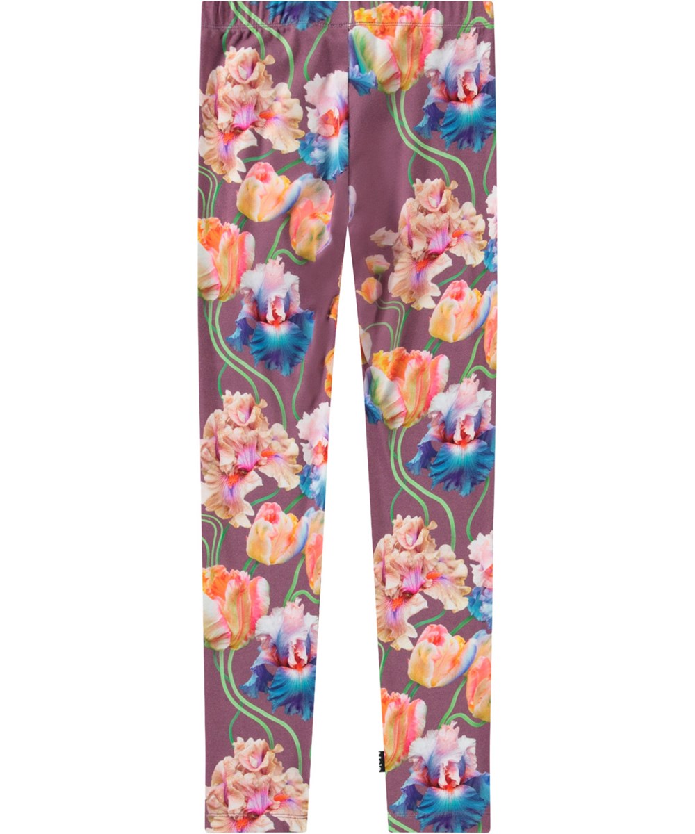 Niki - Rainbow Tulips - Lilla leggings med print til børn i strækbart økologisk bomuld med elastik i taljen.