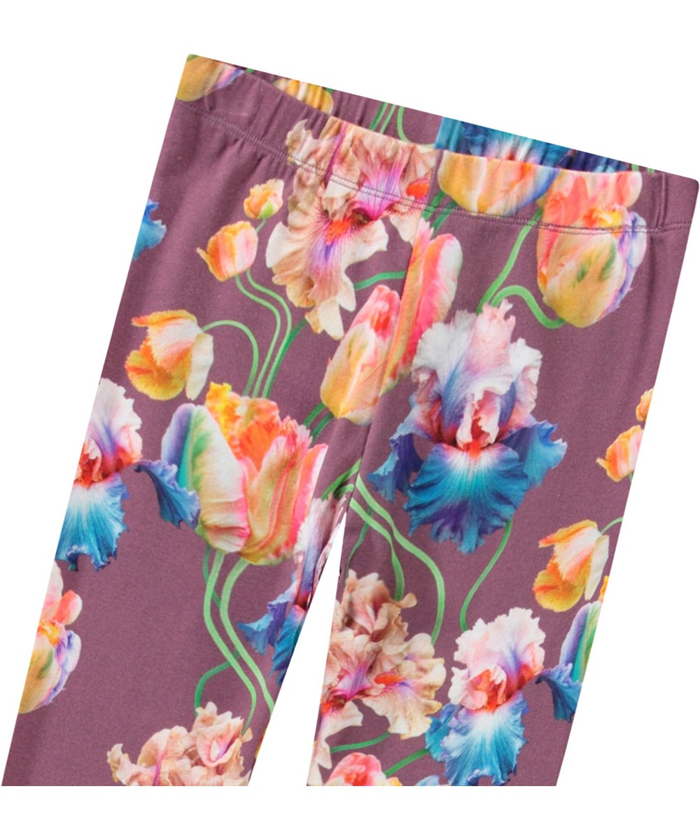 Niki - Rainbow Tulips - Lilla leggings med print til børn i strækbart økologisk bomuld med elastik i taljen.