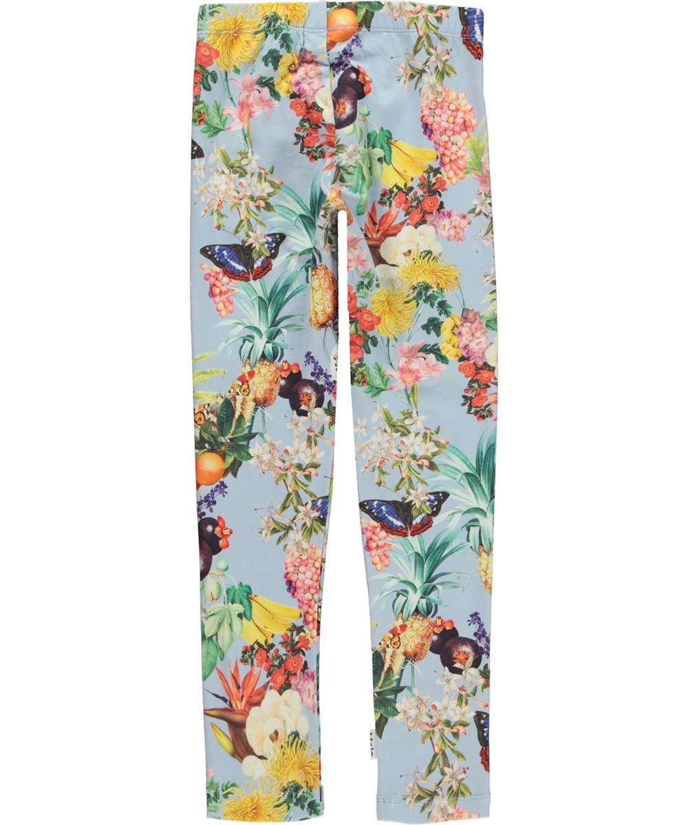 Niki - Tropical Fruits - Lyseblå leggings i økologisk jersey med tropisk print