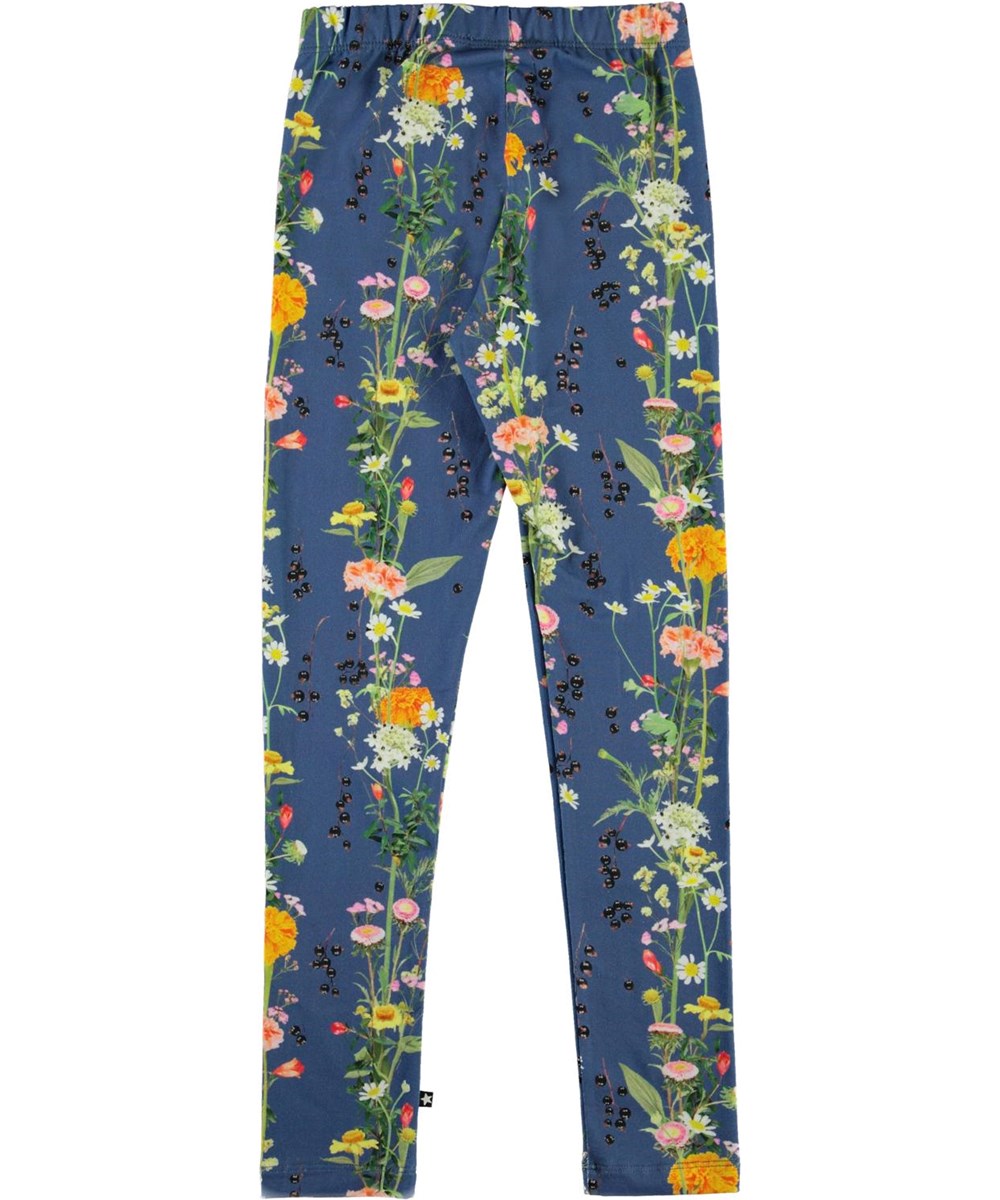 Niki - Vertical Flowers - Økologiske blå leggings med blomster 