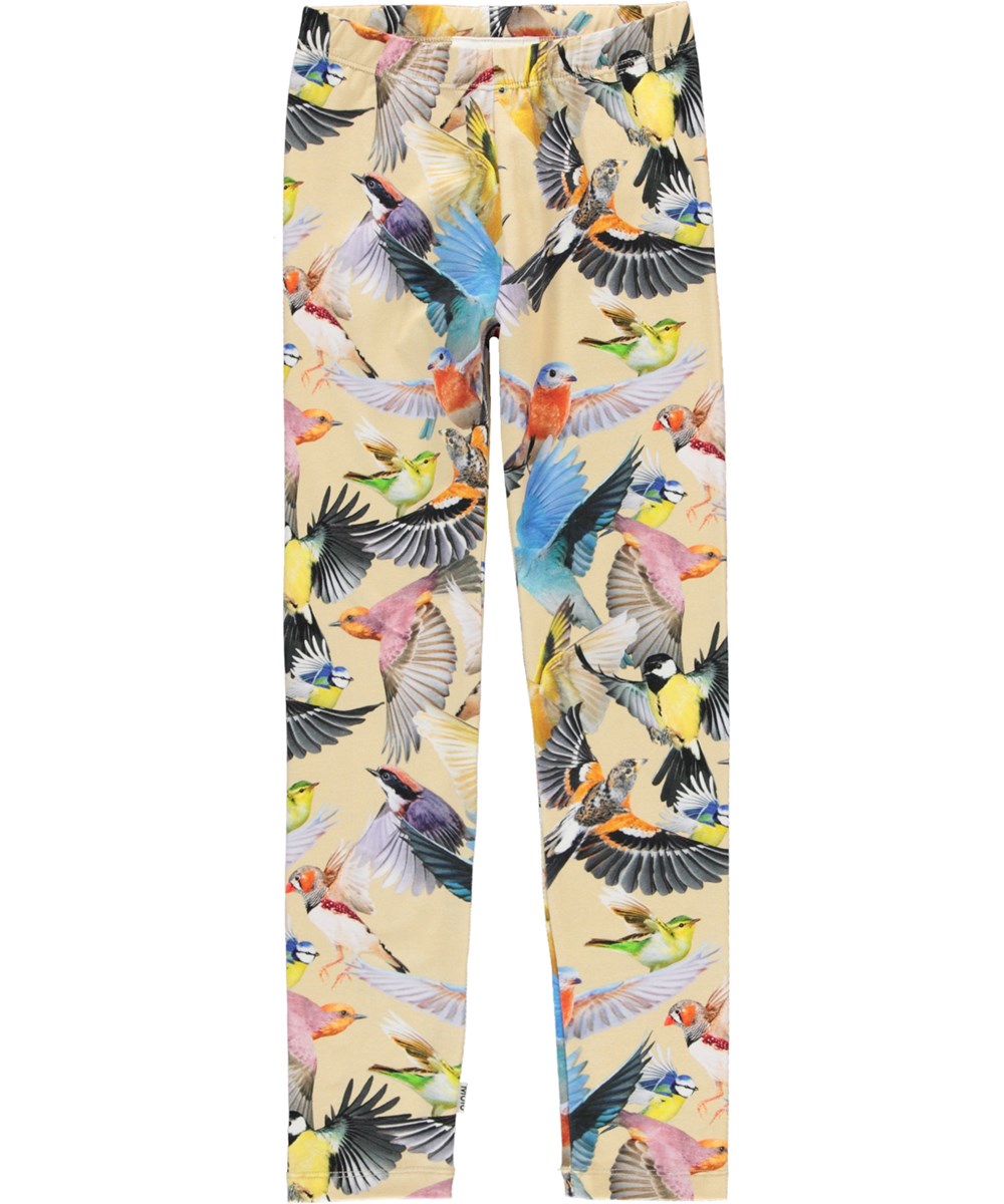 Niki - Whimsical - Økologiske lysegule leggings med fugle print