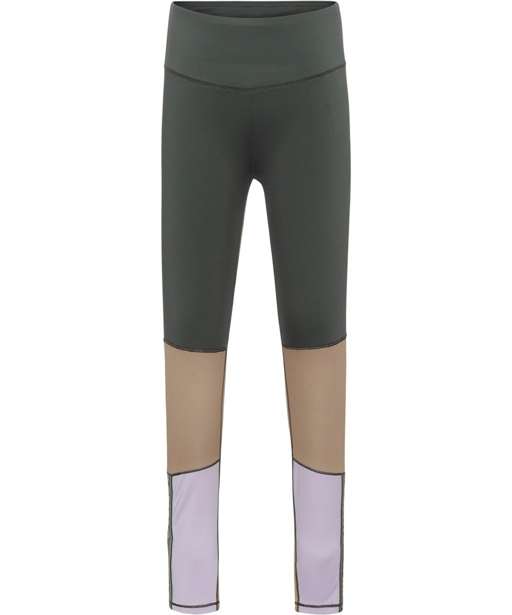 Olympia - Forest Block - leggings i grøn, beige og lyselilla med tekst